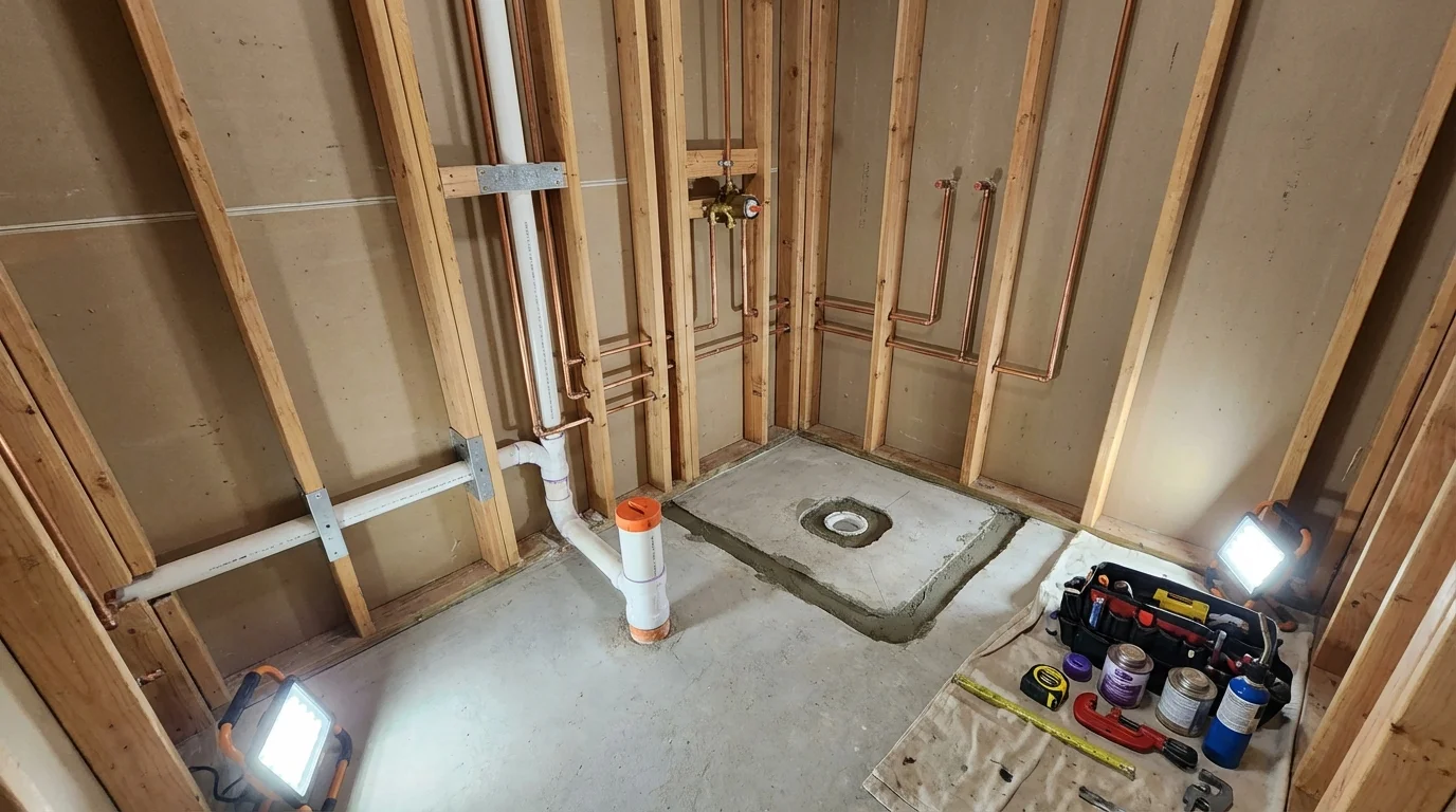 Bathroom rough-in plumbing during remodel by Johns Plumbing LLC in Strasburg