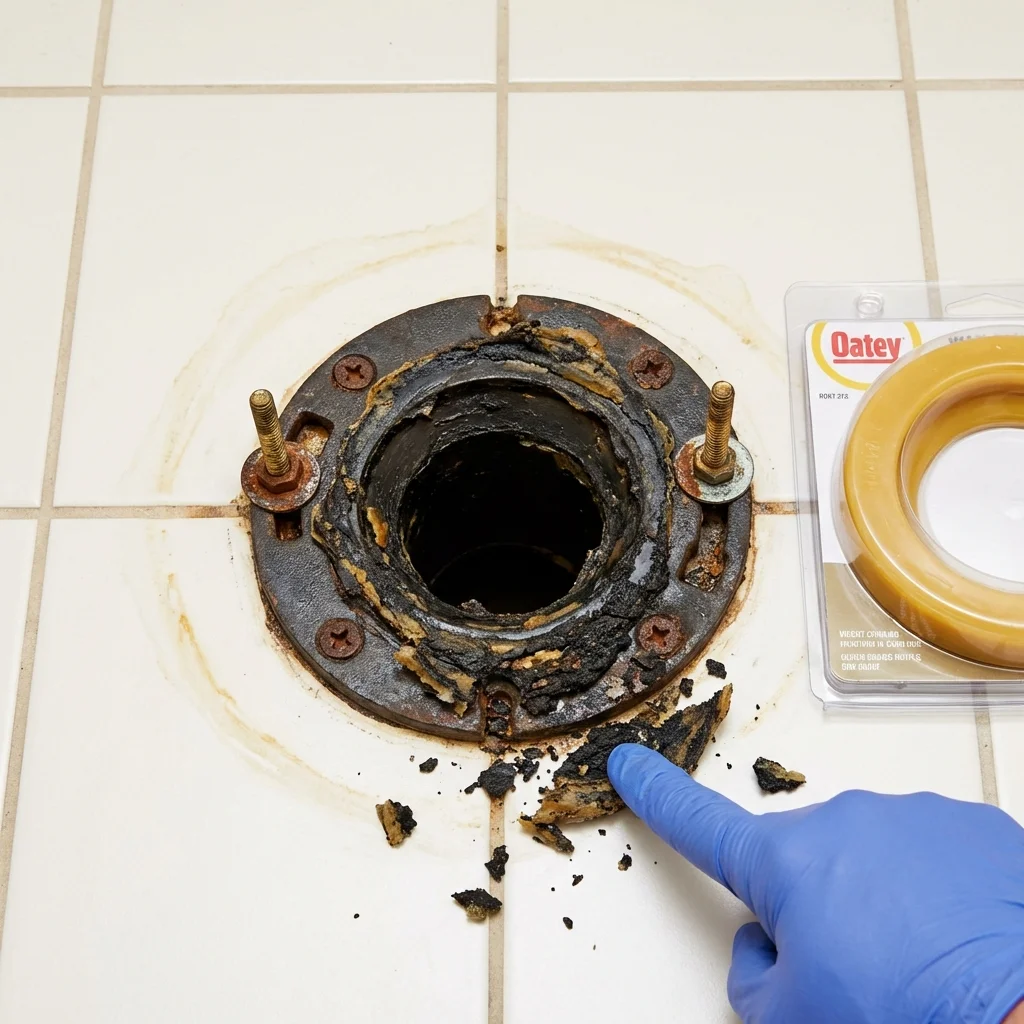 Failed wax ring showing water seepage at the base of a toilet in a Strasburg, VA home