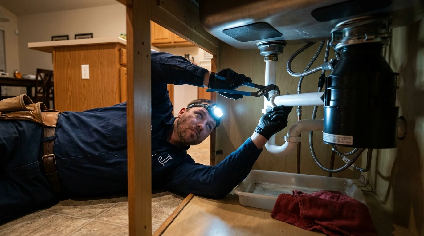 P-trap and supply line connections under a kitchen sink showing a common leak point in Strasburg, VA